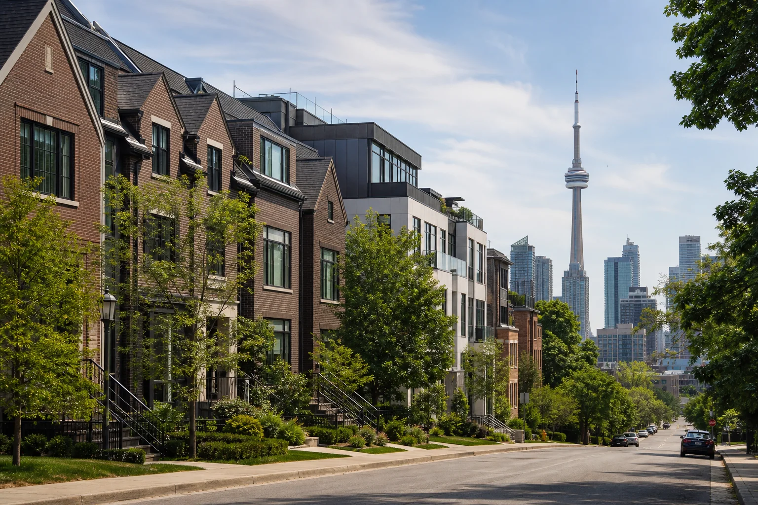 Toronto neighbourhood homes with the city skyline