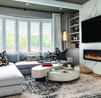 Open-concept living room with fireplace