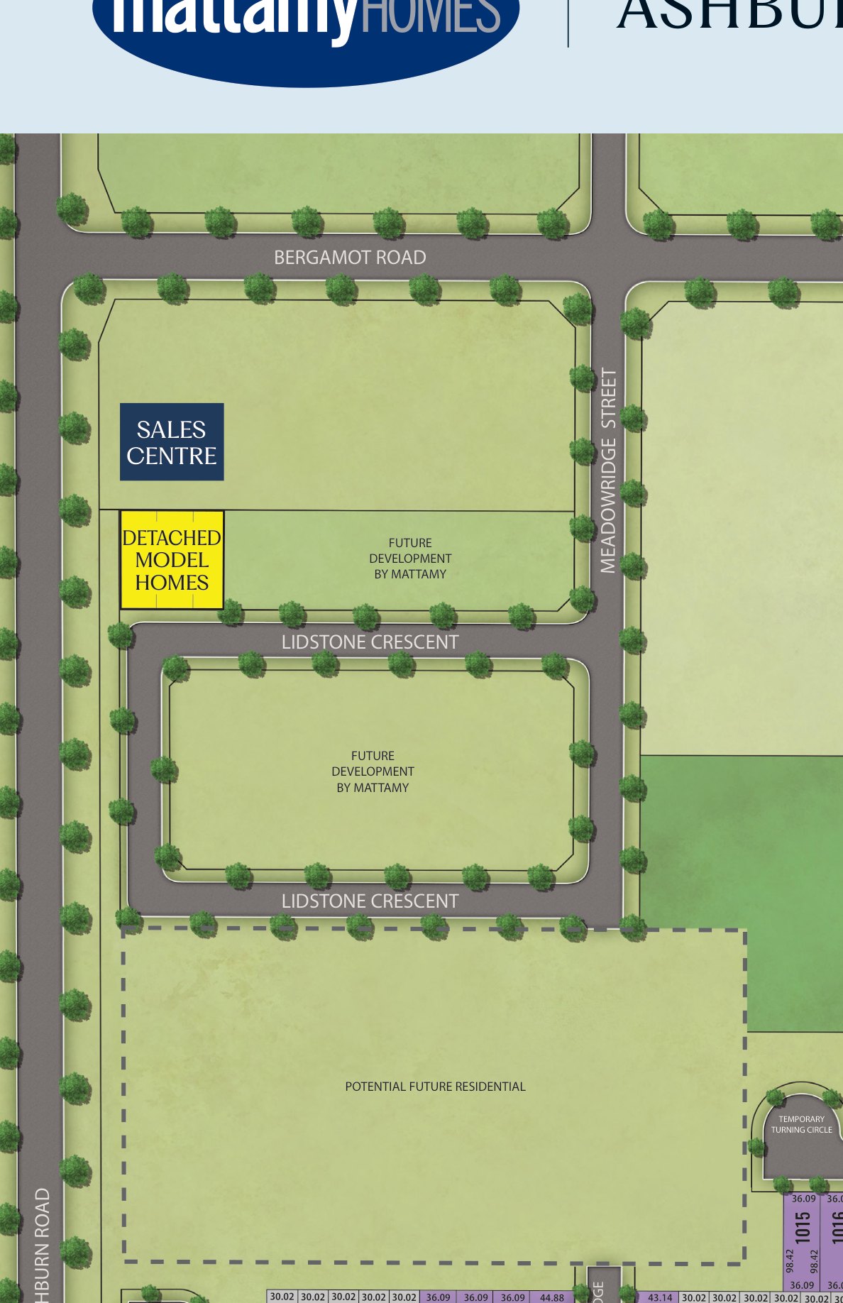 Ashburn Hills site plan detail: sales centre, model homes and product legend