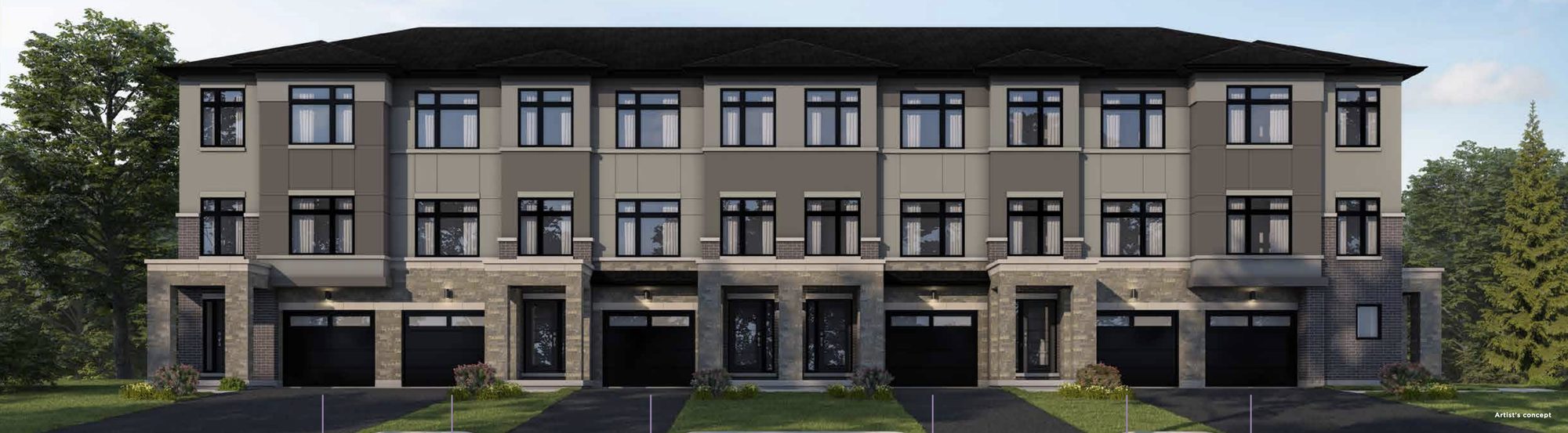 Maya Urban Towns 18-foot walk-up townhome streetscape in Brampton