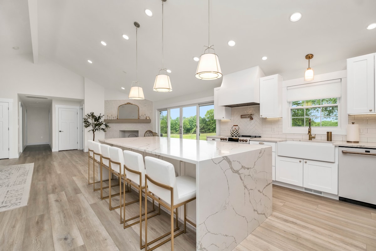 Kitchen Island with Marble Waterfall Countertop