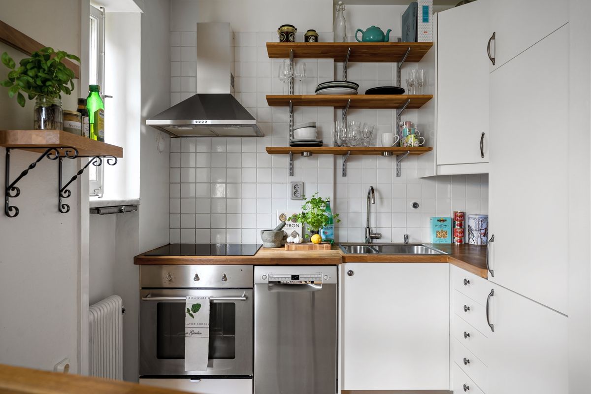 Compact Galley-Style Kitchen with Open Shelving